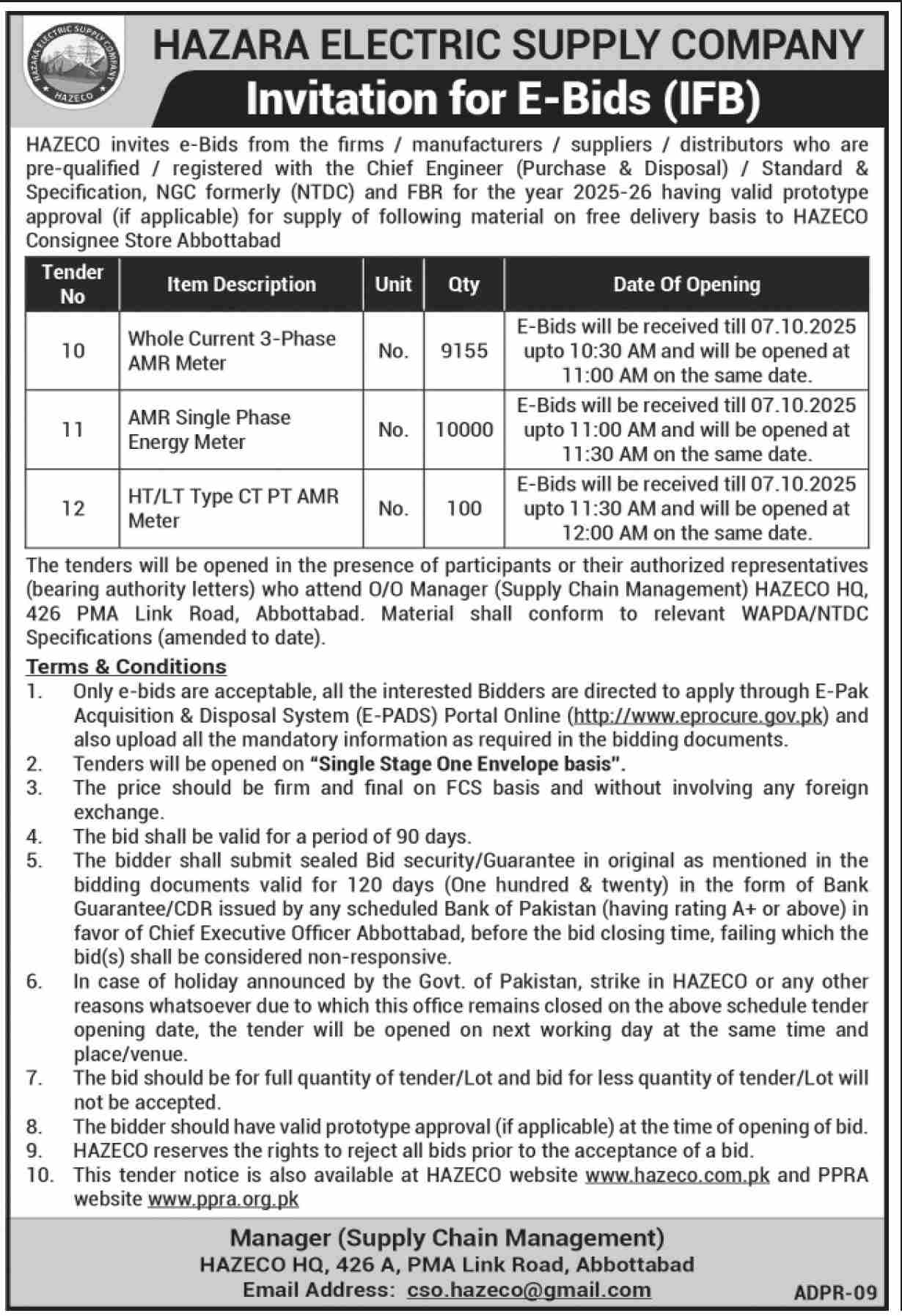 Hazara Electric Supply Company Tender Notice